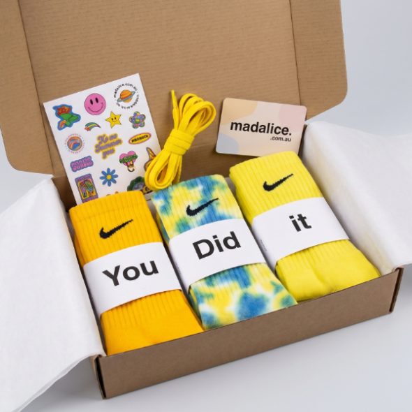yellow hand dyed nike crew sock gift pack.