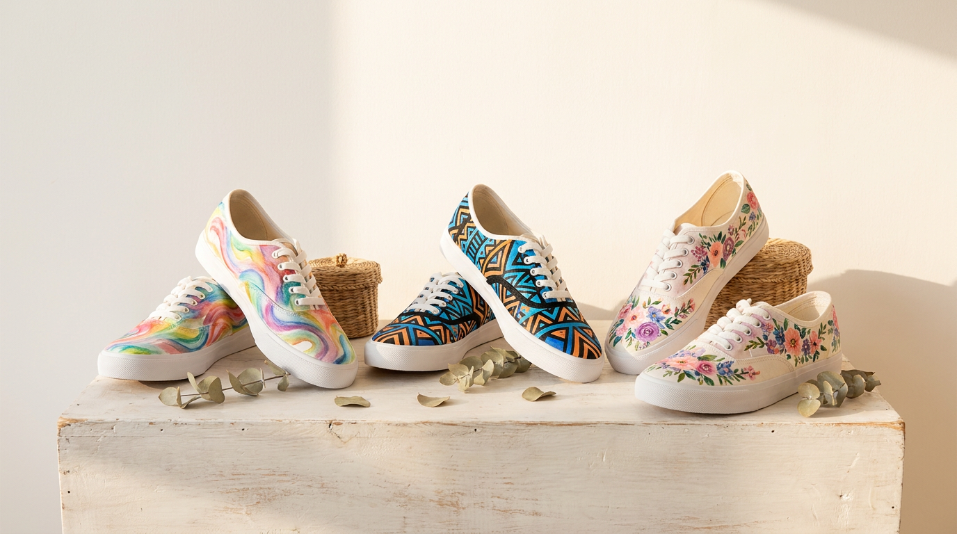 Vibrant custom hand-painted sneakers in multiple artistic styles, showcasing the artistry of Australian custom sneaker studio Mad Alice Custom Kicks