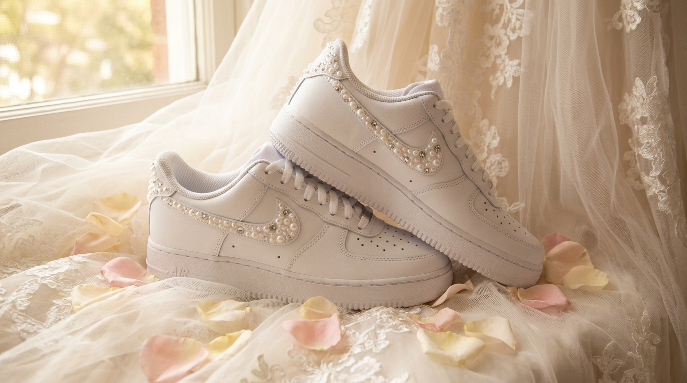 Custom white Nike Air Force 1 wedding sneakers adorned with pearls and crystals on a bridal backdrop