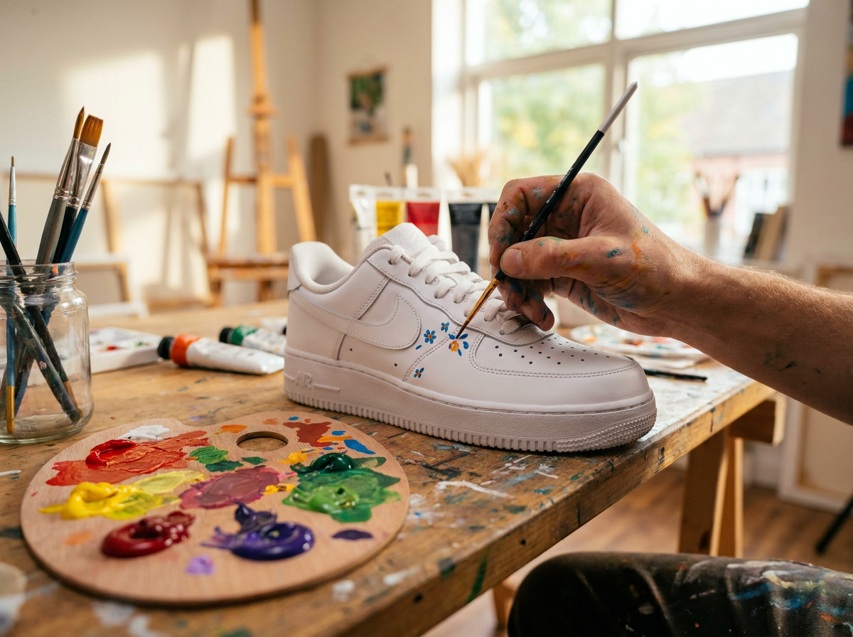 Artist hand-painting a white Nike Air Force 1 sneaker with a fine detail brush, colourful paints on palette nearby