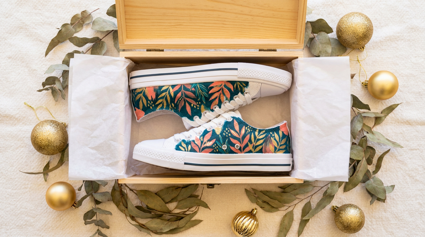 Vibrant hand-painted custom sneakers displayed as a Christmas gift — Mad Alice Custom Kicks, Hunter Valley NSW